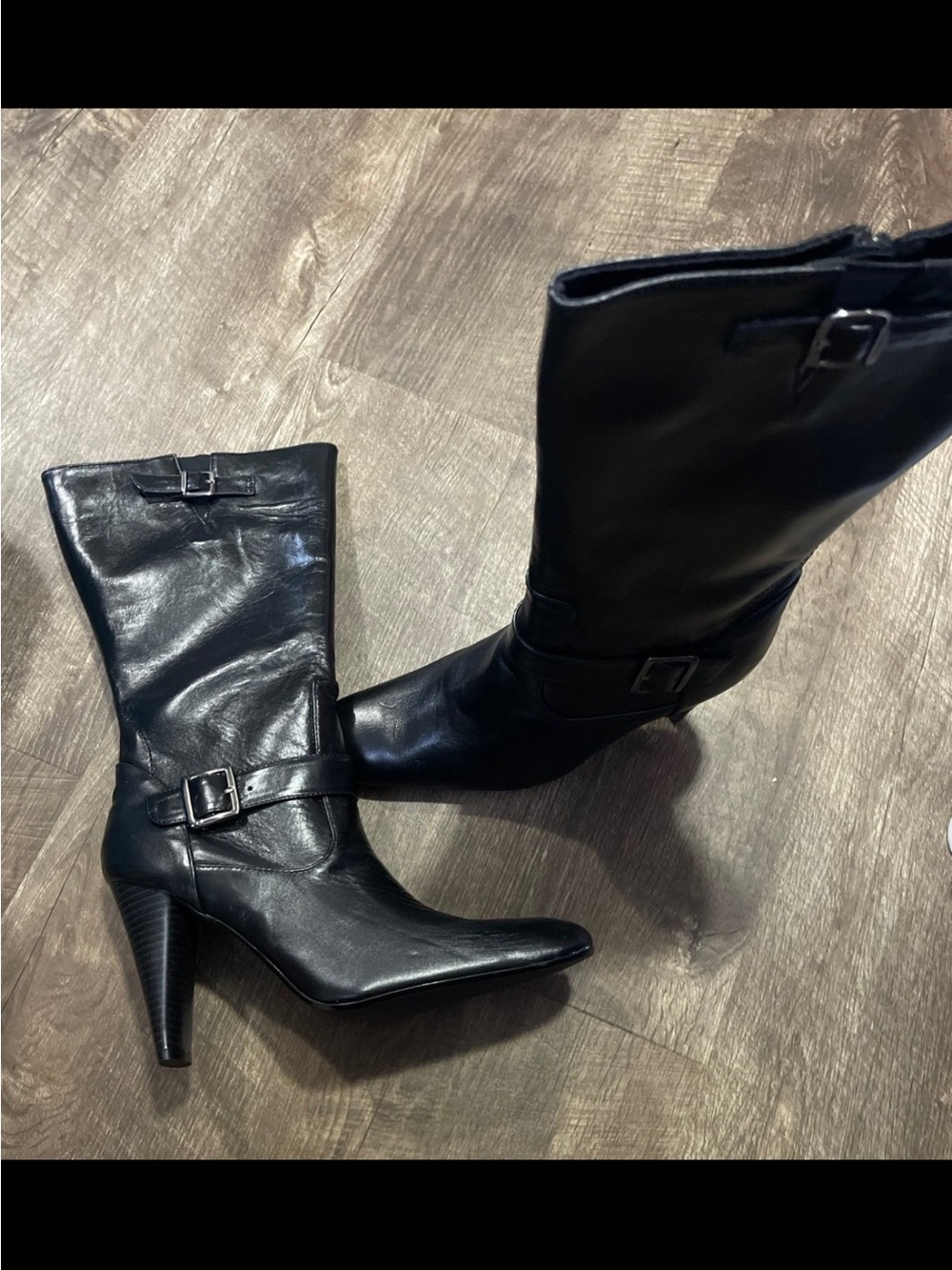 Black Leather Mid-Calf Heeled Boots - Classic Women's Fashion size 9